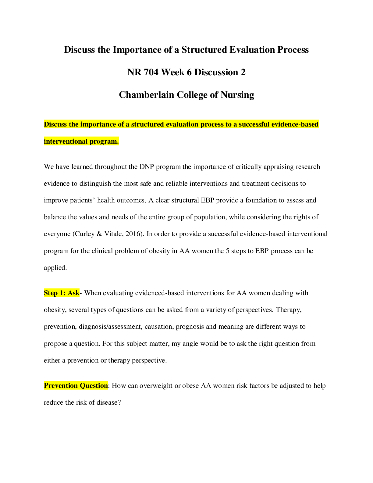 Preview image for Chamberlain College of Nursing-NR 704 Week 6 Discussion 2: Discuss the Importance of a Structured Evaluation Process_Already_graded_A_
